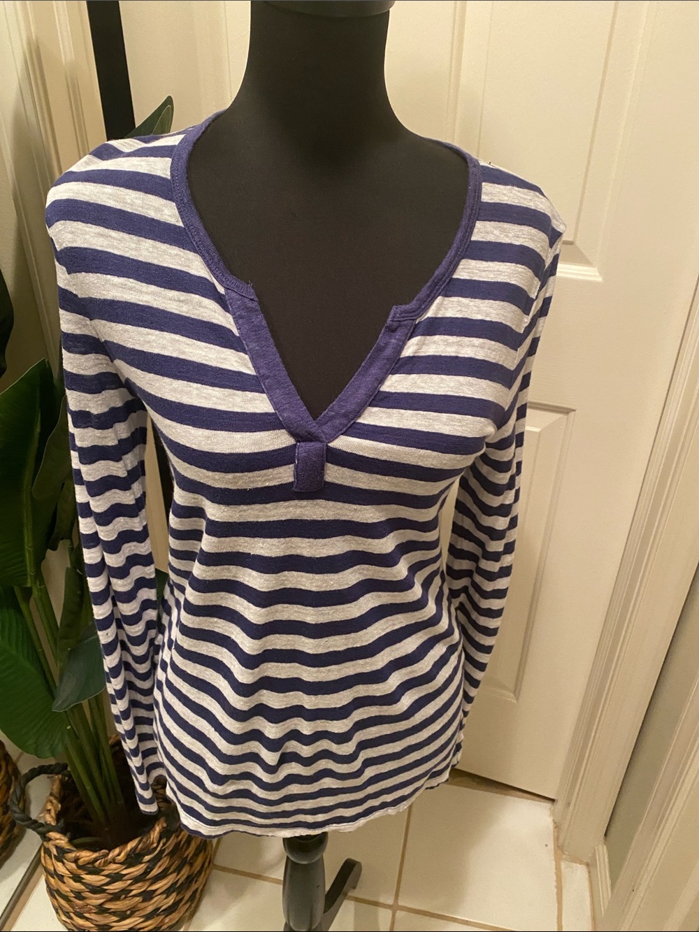 Tommy Bahama Navy and White Striped Long Sleeve V-Neck Tee